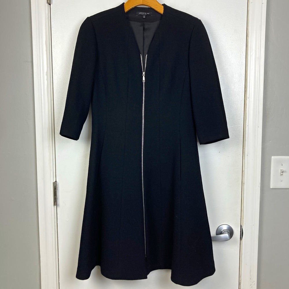 Lafayette 148 New York Black Wool Zip Front A-Line V-Neck Dress Pockets 4